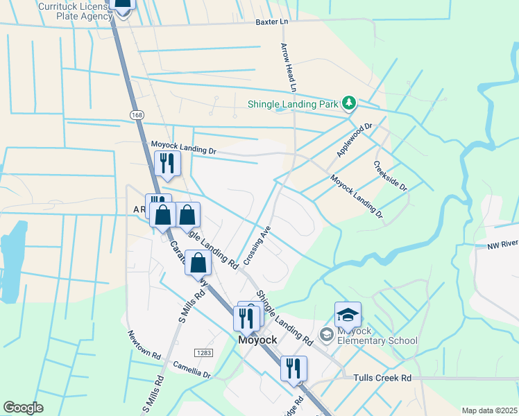 map of restaurants, bars, coffee shops, grocery stores, and more near 112 Fox Lane in Moyock