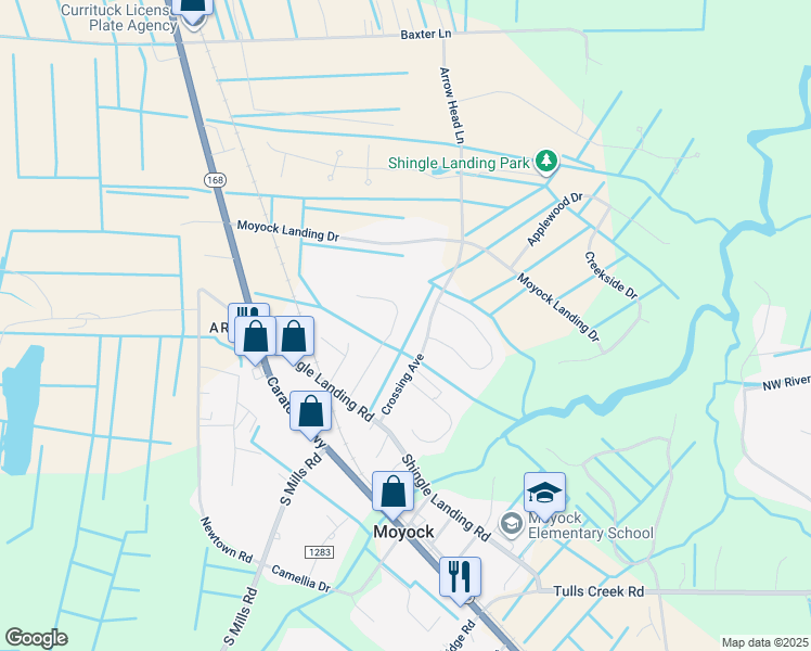 map of restaurants, bars, coffee shops, grocery stores, and more near 112 Fox Lane in Moyock