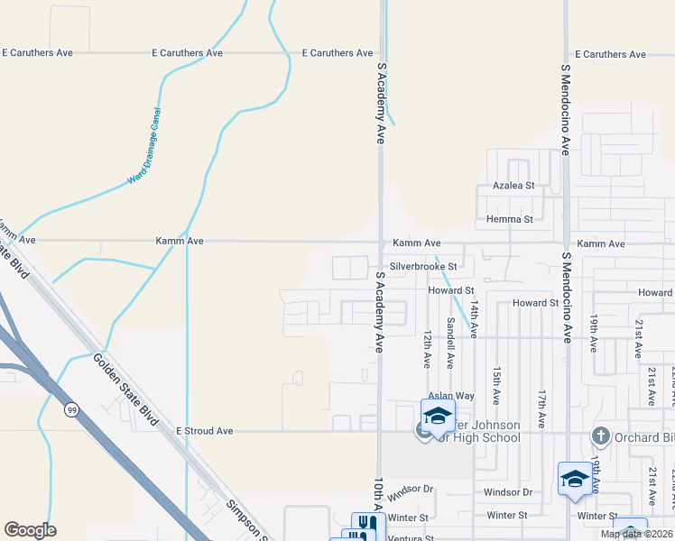 map of restaurants, bars, coffee shops, grocery stores, and more near 2736 7th Avenue Drive in Kingsburg
