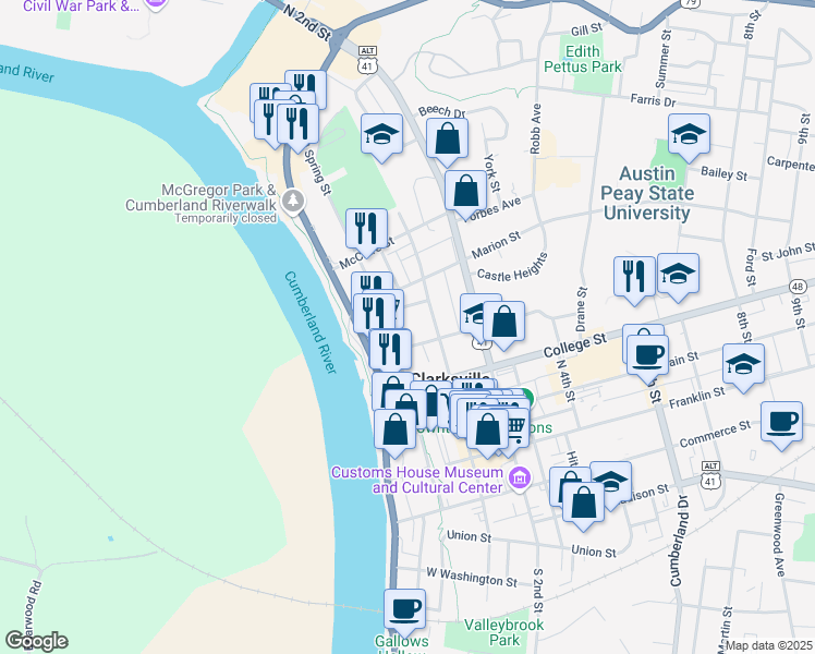map of restaurants, bars, coffee shops, grocery stores, and more near 425 North Spring Street in Clarksville