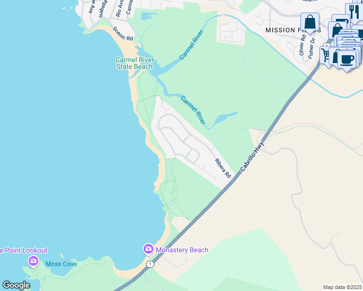 map of restaurants, bars, coffee shops, grocery stores, and more near 2784 Pradera Way in Carmel
