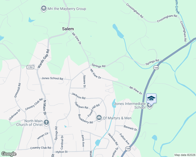 map of restaurants, bars, coffee shops, grocery stores, and more near 175 Mount View Drive in Mount Airy