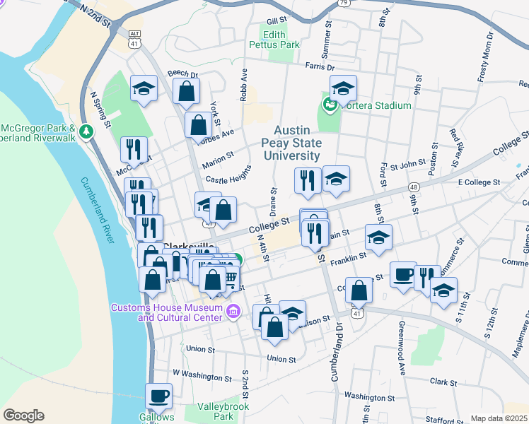 map of restaurants, bars, coffee shops, grocery stores, and more near 601 College Street in Clarksville