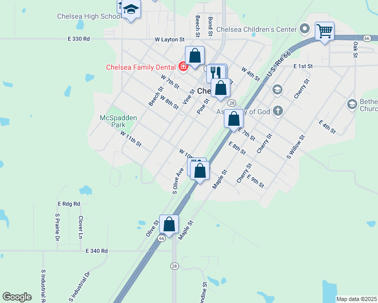 map of restaurants, bars, coffee shops, grocery stores, and more near 1000 Olive Street in Chelsea