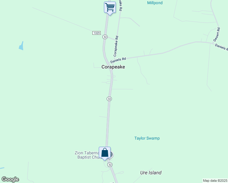 map of restaurants, bars, coffee shops, grocery stores, and more near 1369 North Carolina 32 in Corapeake