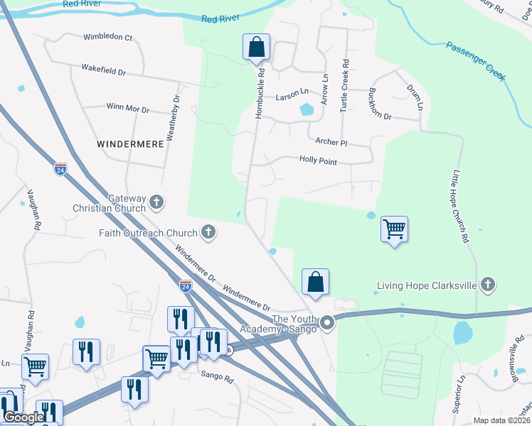 map of restaurants, bars, coffee shops, grocery stores, and more near 861 Hornbuckle Road in Clarksville