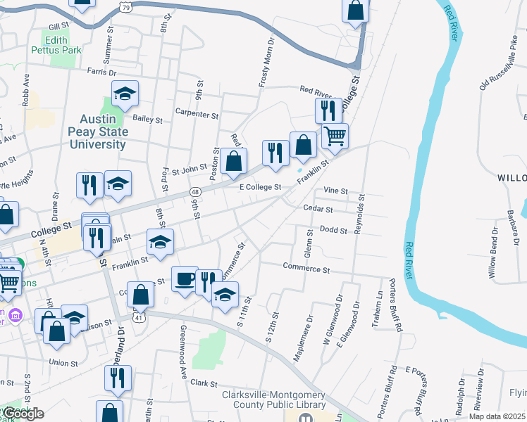 map of restaurants, bars, coffee shops, grocery stores, and more near 1138 Franklin Street in Clarksville