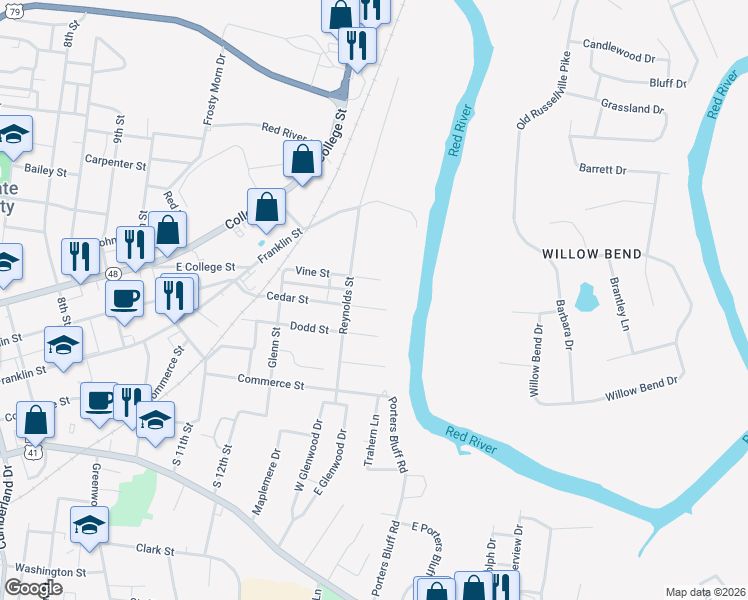 map of restaurants, bars, coffee shops, grocery stores, and more near 1332 Vine Street in Clarksville