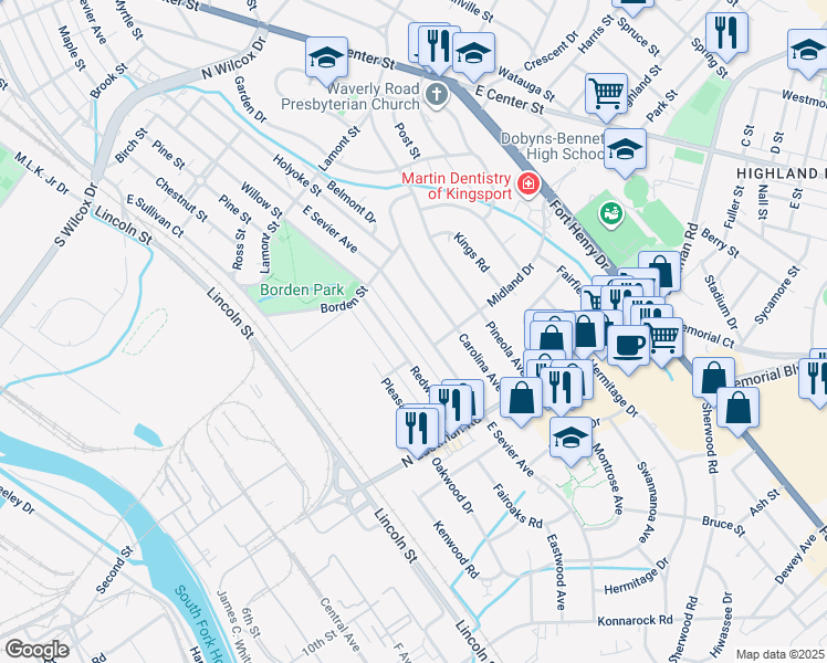map of restaurants, bars, coffee shops, grocery stores, and more near 1557 Carolina Avenue in Kingsport