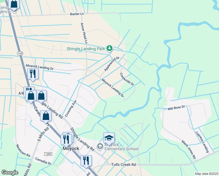 map of restaurants, bars, coffee shops, grocery stores, and more near 226 Moyock Landing Drive in Moyock