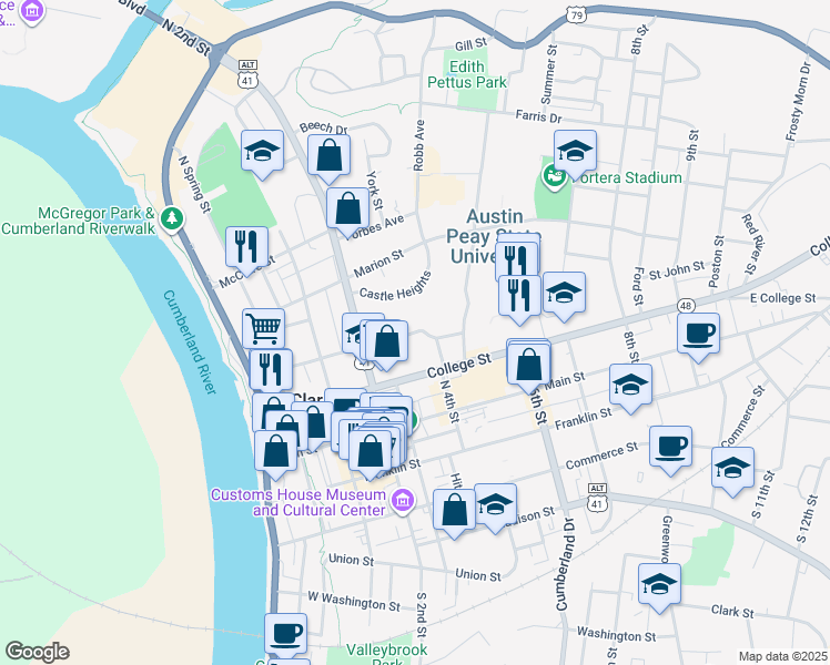 map of restaurants, bars, coffee shops, grocery stores, and more near West Avenue in Clarksville