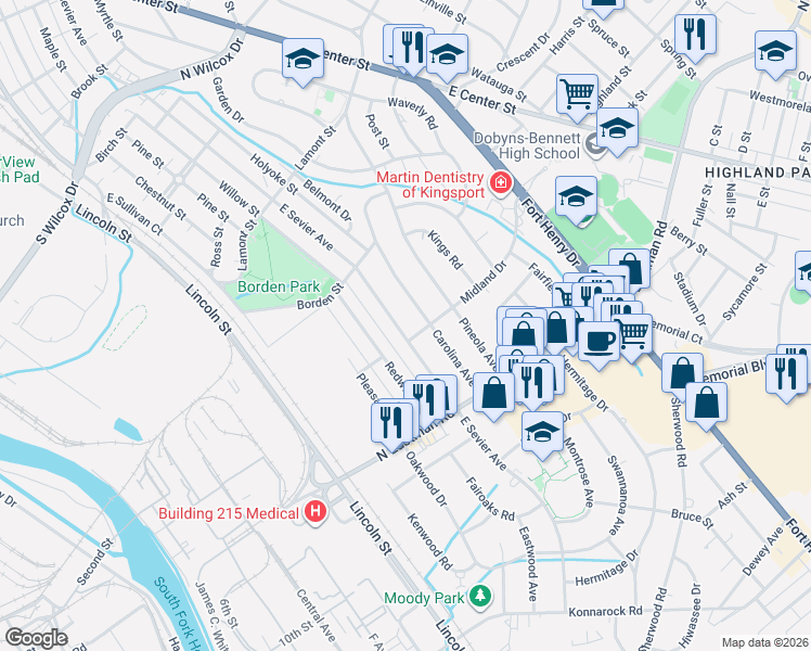 map of restaurants, bars, coffee shops, grocery stores, and more near 1557 Carolina Avenue in Kingsport