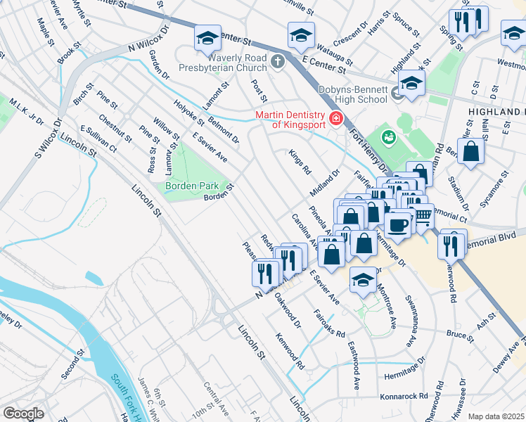 map of restaurants, bars, coffee shops, grocery stores, and more near 1557 Carolina Avenue in Kingsport