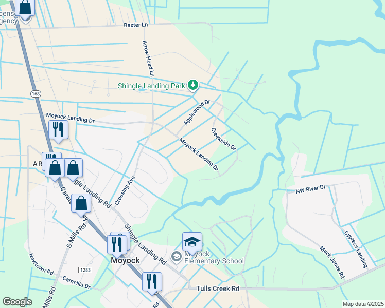 map of restaurants, bars, coffee shops, grocery stores, and more near 226 Moyock Landing Drive in Moyock