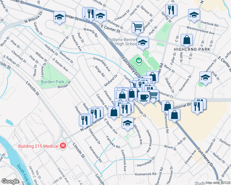 map of restaurants, bars, coffee shops, grocery stores, and more near 1644 Newbern Road in Kingsport