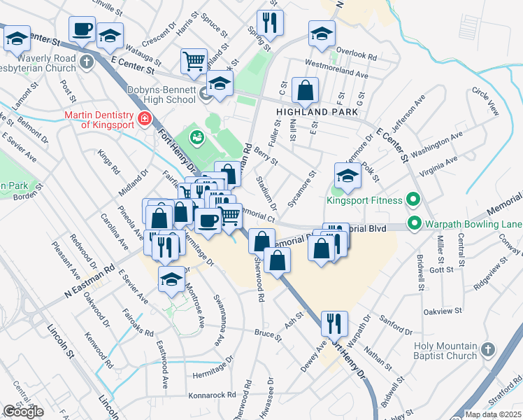 map of restaurants, bars, coffee shops, grocery stores, and more near 2144 Memorial Court in Kingsport