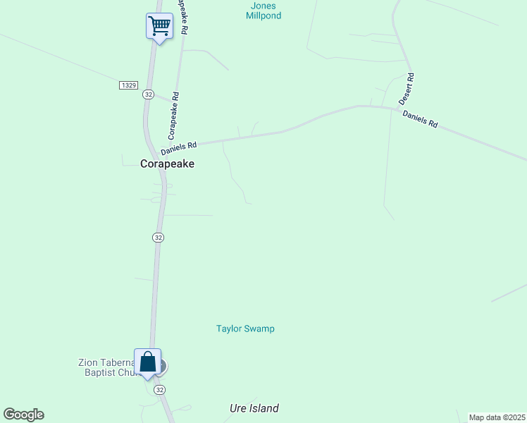 map of restaurants, bars, coffee shops, grocery stores, and more near 760 Daniels Road in Corapeake