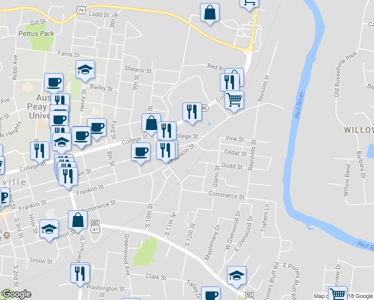 map of restaurants, bars, coffee shops, grocery stores, and more near 1138 Franklin Street in Clarksville