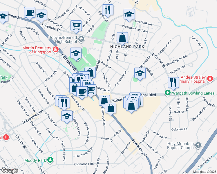 map of restaurants, bars, coffee shops, grocery stores, and more near 1421 Hickory Street in Kingsport