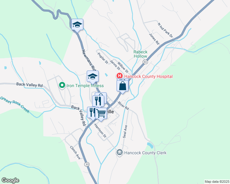 map of restaurants, bars, coffee shops, grocery stores, and more near 1423 Main Street in Sneedville