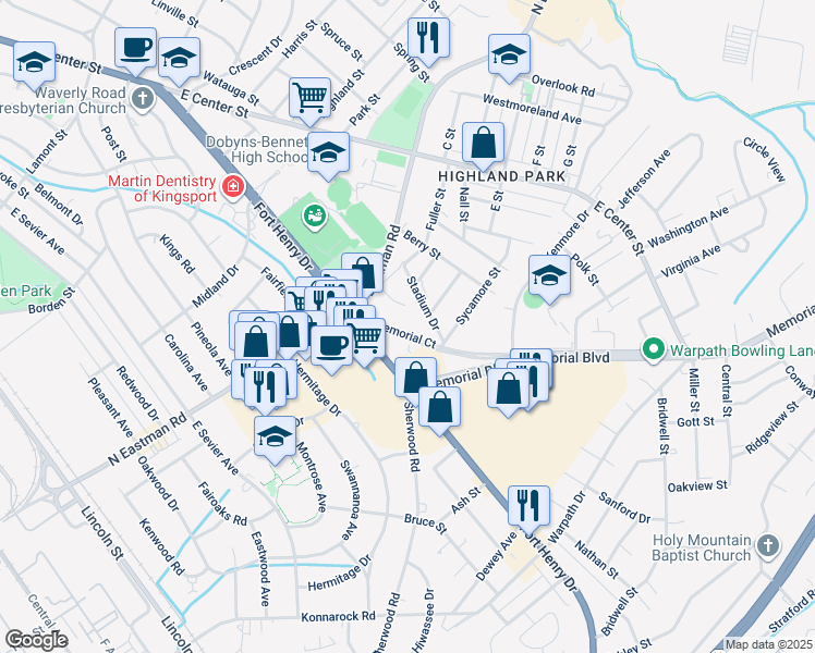 map of restaurants, bars, coffee shops, grocery stores, and more near 2140 Memorial Court in Kingsport