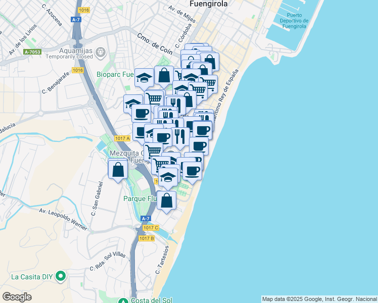 map of restaurants, bars, coffee shops, grocery stores, and more near 44 Calle Madrid in Fuengirola