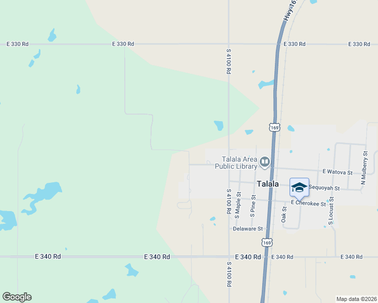 map of restaurants, bars, coffee shops, grocery stores, and more near 6807 East 335 Road in Talala