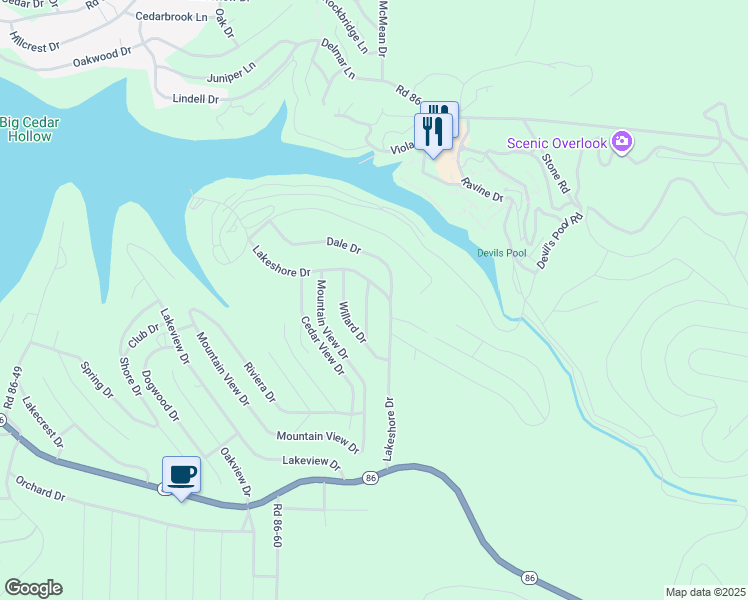 map of restaurants, bars, coffee shops, grocery stores, and more near 417-425 Lakeshore Drive in Ridgedale