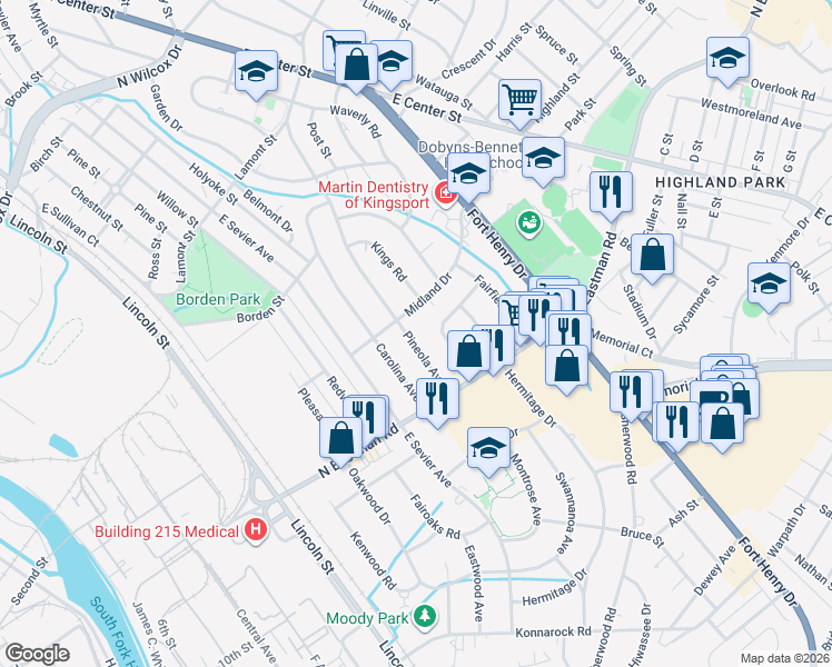 map of restaurants, bars, coffee shops, grocery stores, and more near 1137 Midland Drive in Kingsport