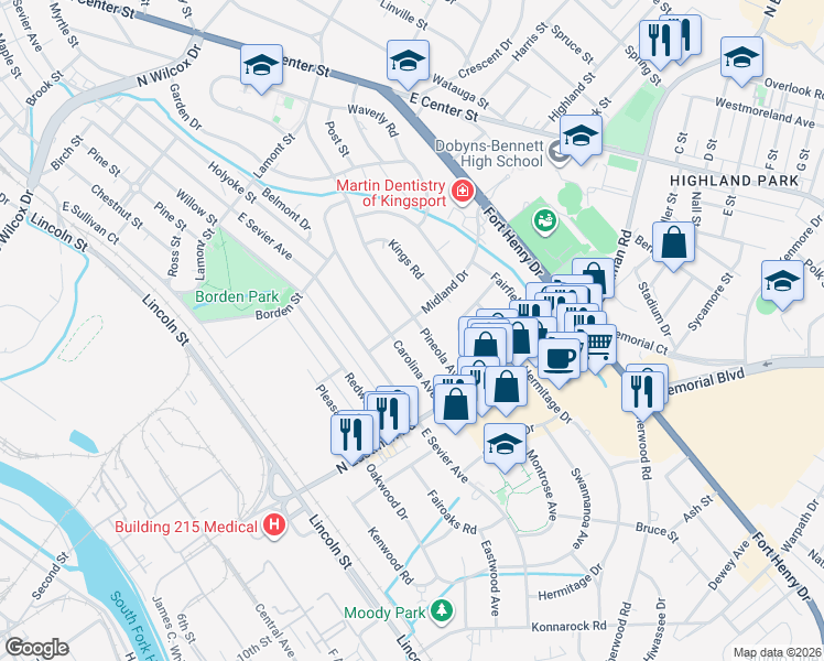 map of restaurants, bars, coffee shops, grocery stores, and more near 1569 Pineola Avenue in Kingsport