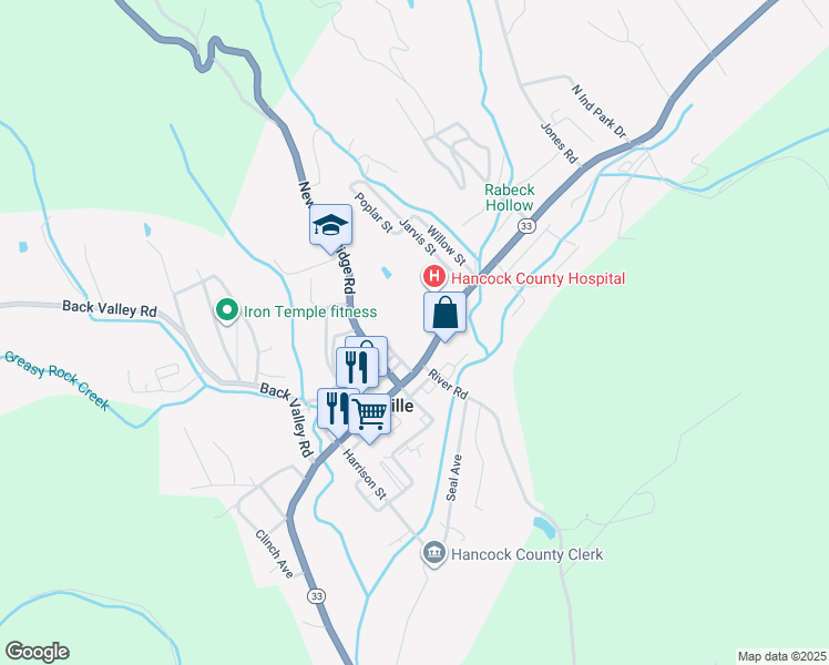 map of restaurants, bars, coffee shops, grocery stores, and more near 1423 Main St in Sneedville