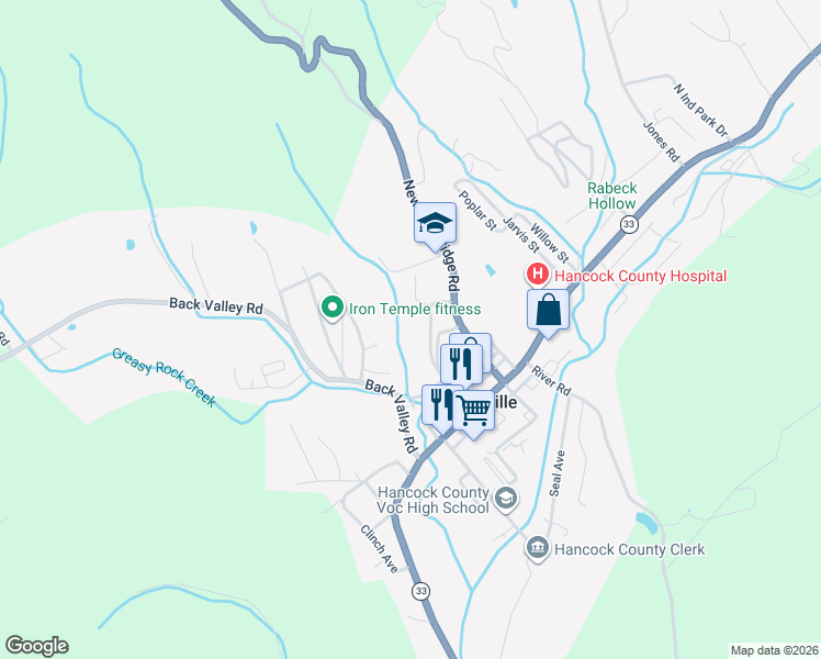 map of restaurants, bars, coffee shops, grocery stores, and more near Court Street in Sneedville