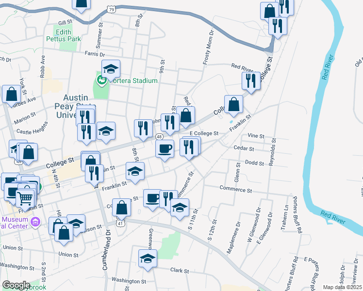 map of restaurants, bars, coffee shops, grocery stores, and more near 1110 East College Street in Clarksville
