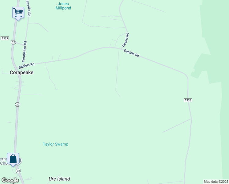 map of restaurants, bars, coffee shops, grocery stores, and more near Daniels Road in Corapeake