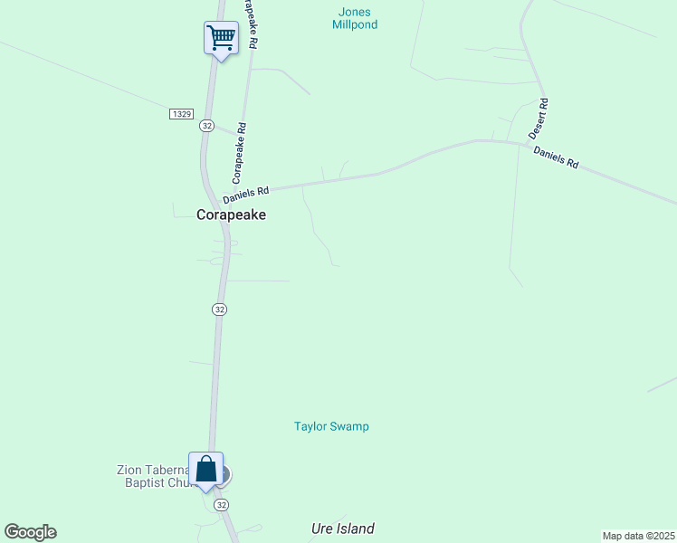 map of restaurants, bars, coffee shops, grocery stores, and more near 760 Daniels Road in Corapeake
