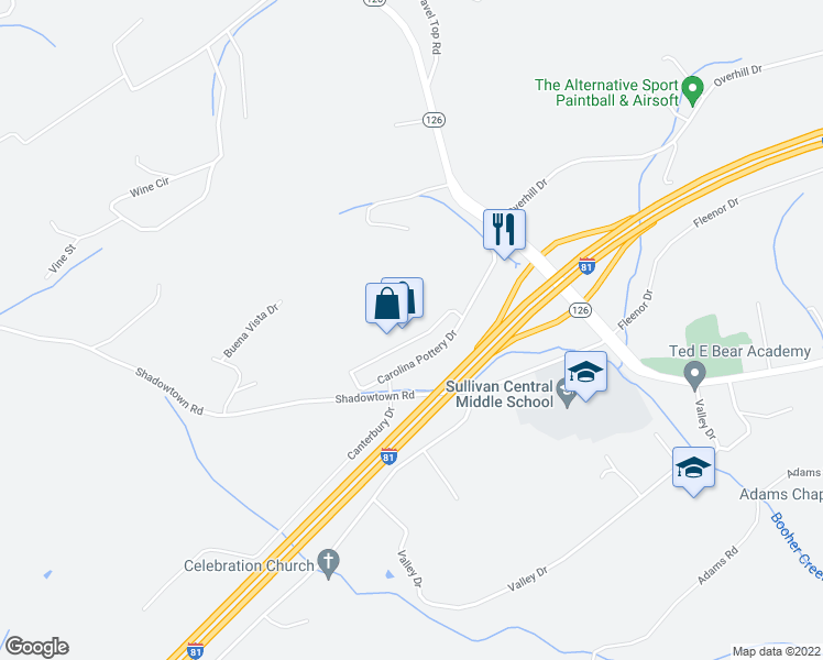 map of restaurants, bars, coffee shops, grocery stores, and more near 354 Shadowtown Road in Blountville
