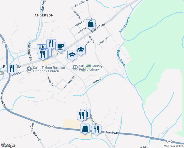 map of restaurants, bars, coffee shops, grocery stores, and more near 1705 Blountville Boulevard in Blountville