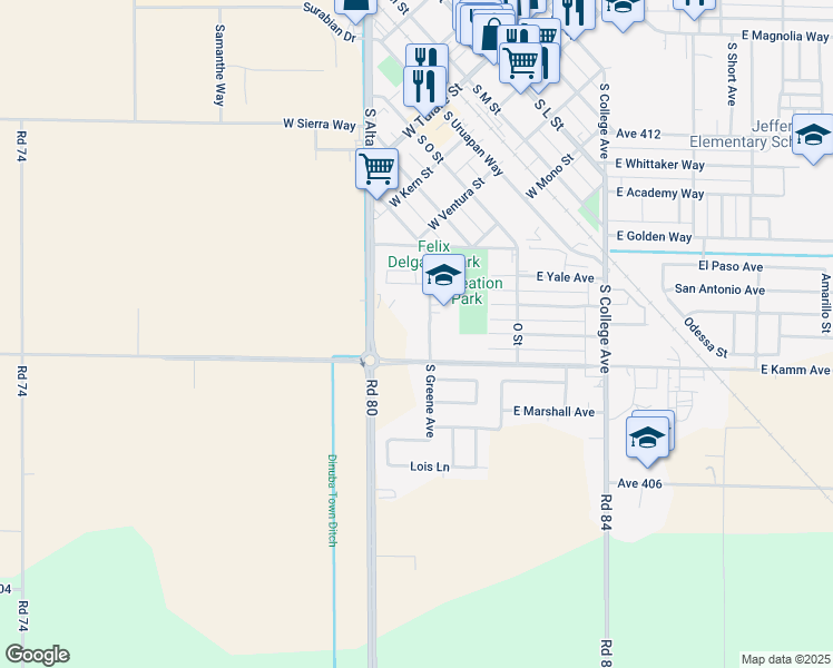 map of restaurants, bars, coffee shops, grocery stores, and more near 305 East Kamm Avenue in Dinuba