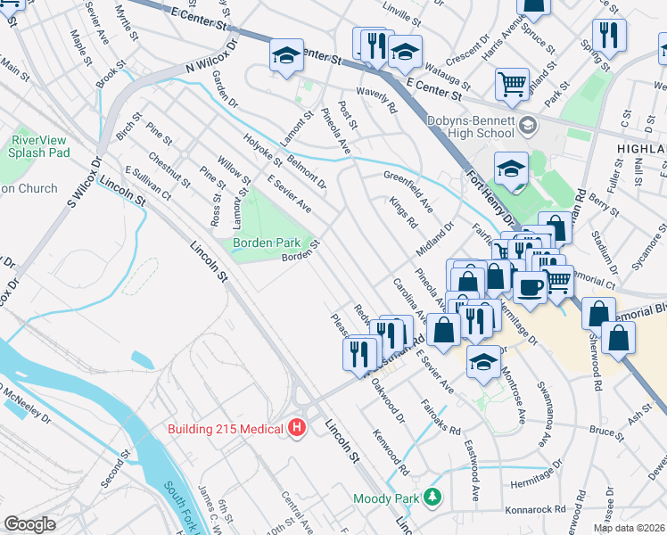 map of restaurants, bars, coffee shops, grocery stores, and more near 1529 East Sevier Avenue in Kingsport