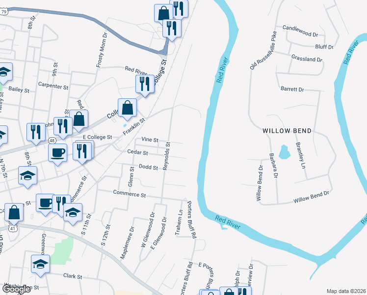 map of restaurants, bars, coffee shops, grocery stores, and more near 1332 Vine Street in Clarksville
