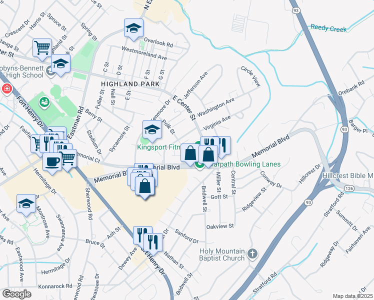 map of restaurants, bars, coffee shops, grocery stores, and more near 2444 Memorial Boulevard in Kingsport