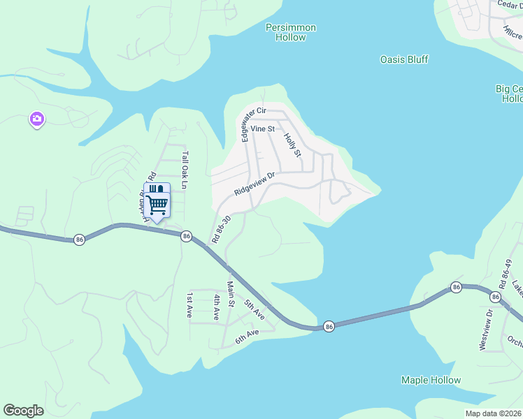 map of restaurants, bars, coffee shops, grocery stores, and more near 123 Edgewater Circle in Ridgedale