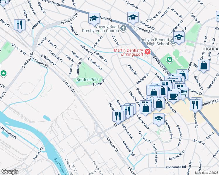 map of restaurants, bars, coffee shops, grocery stores, and more near 1529 East Sevier Avenue in Kingsport
