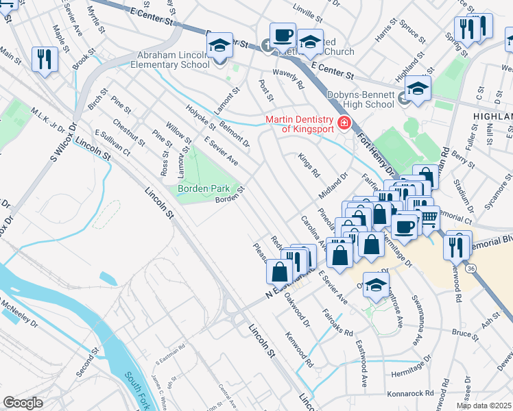 map of restaurants, bars, coffee shops, grocery stores, and more near 1528 Redwood Drive in Kingsport