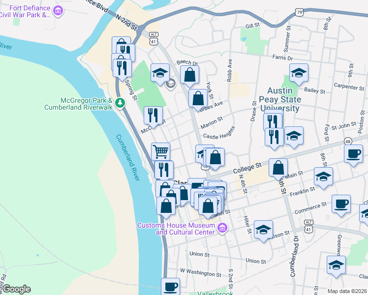 map of restaurants, bars, coffee shops, grocery stores, and more near 111 Wilmac Street in Clarksville