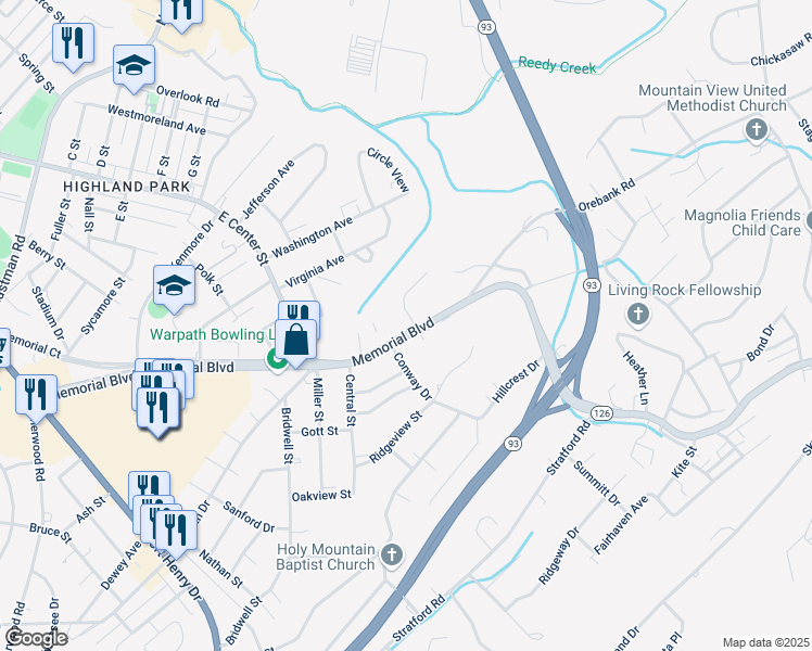 map of restaurants, bars, coffee shops, grocery stores, and more near 3310 Memorial Blvd in Kingsport