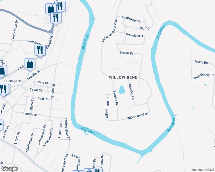 map of restaurants, bars, coffee shops, grocery stores, and more near 1332 Barbara Dr in Clarksville