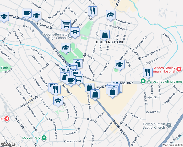 map of restaurants, bars, coffee shops, grocery stores, and more near 1421 Hickory Street in Kingsport