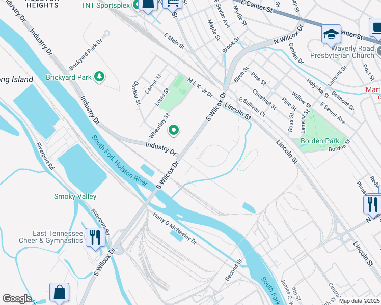 map of restaurants, bars, coffee shops, grocery stores, and more near 417 South Wilcox Drive in Kingsport