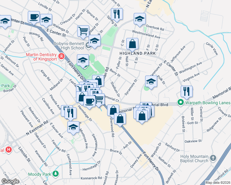 map of restaurants, bars, coffee shops, grocery stores, and more near 1421 Hickory Street in Kingsport